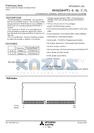 MH32S64PFJ-6L datasheet - 2147483648-BIT (33554432 - WORD BY 64-BIT)SynchronousDRAM