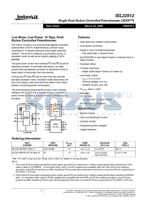 ISL22512WFB8Z datasheet - Single Push Button Controlled Potentiometer XDCP