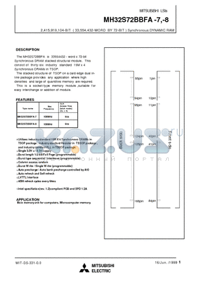 MH32S72BBFA-7 datasheet - 2,415,919,104-BIT ( 33,554,432-WORD BY 72-BIT ) Synchronous DYNAMIC RAM