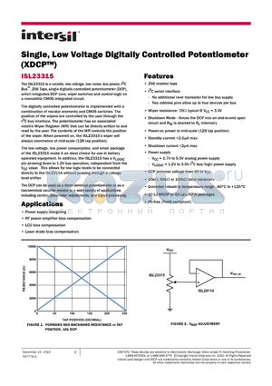 ISL23315 datasheet - Single, Low Voltage Digitally Controlled Potentiometer (XDCP)