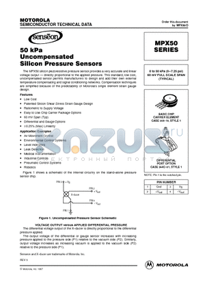 MPX50GP datasheet - 0 to 50 kPa (0-7.25 psi) 60 mV FULL SCALE SPAN (TYPICAL)