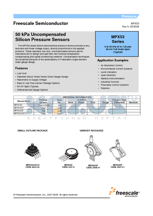 MPX53 datasheet - 50 kPa Uncompensated Silicon Pressure Sensors