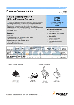 MPX53DP datasheet - 50 kPa Uncompensated Silicon Pressure Sensors