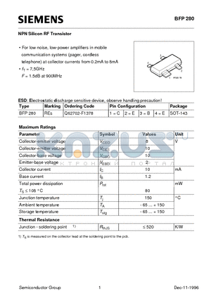 Q62702-F1378 datasheet - NPN Silicon RF Transistor (For low noise, low-power amplifiers in mobile communication systems)
