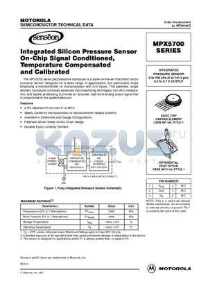 MPX5700 datasheet - INTEGRATED PRESSURE SENSOR 0 to 700 kPa (0 to 101.5 psi) 0.2 to 4.7 V OUTPUT