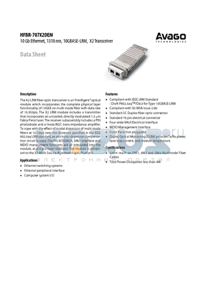 HFBR-707X2DEM datasheet - 10 Gb Ethernet, 1310 nm, 10GBASE-LRM, X2 Transceiver