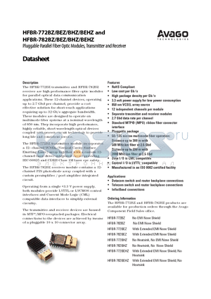 HFBR-782BHZ datasheet - Pluggable Parallel Fiber Optic Modules, Transmitter and Receiver