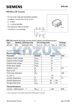 Q62702-F1572 datasheet - NPN Silicon RF Transistor (For low-noise, high-gain broadband amplifier at collector currents from 0.5 to 12 mA)