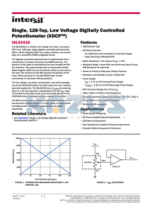 ISL23418TFRUZ-T7A datasheet - Single, 128-Tap, Low Voltage Digitally Controlled Potentiometer (XDCP)