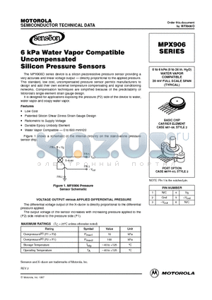 MPX906D datasheet - 0 to 6 kPa (0 to 24 in. H2O) WATER VAPOR COMPATIBLE 20 mV FULL SCALE SPAN (TYPICAL)