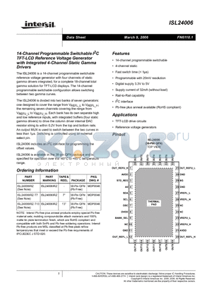 ISL24006 datasheet - 14-Channel Programmable Switchable I2C TFT-LCD Reference Voltage Generator with Integrated 4-Channel Static Gamma Drivers