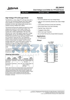 ISL24010 datasheet - High Voltage TFT-LCD Logic Driver