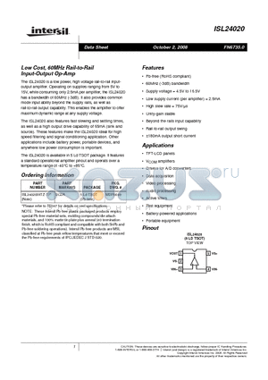 ISL24020 datasheet - Low Cost, 60MHz Rail-to-Rail Input-Output Op-Amp