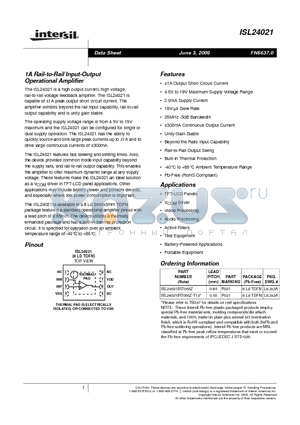 ISL24021 datasheet - 1A Rail-to-Rail Input-Output Operational Amplifier