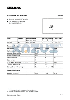 Q62702-F979 datasheet - NPN Silicon RF Transistor (Common emitter IF/RF amplifier Low feedback capacitance due to shield diffusion)