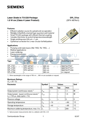 Q62702-P1677 datasheet - Laser Diode in TO-220 Package 1.0 W cw Class 4 Laser Product
