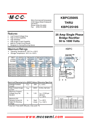 KBPC2510S datasheet - 25 Amp Single Phase Bridge Rectifier 50 to 1000 Volts