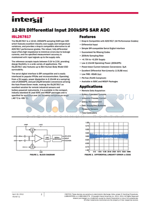 ISL267817 datasheet - 12-Bit Differential Input 200kSPS SAR ADC