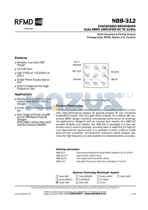 NBB-312-T1 datasheet - CASCADABLE BROADBAND GaAs MMIC AMPLIFIER DC TO 12GHz