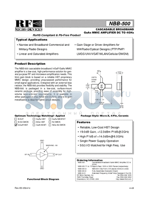 NBB-500 datasheet - CASCADABLE BROADBAND GaAs MMIC AMPLIFIER DC TO 4GHz