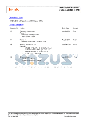 HY62V8400ALLG datasheet - 512K x8 bit 3.3V Low Power CMOS slow SRAM