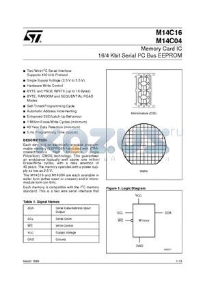 M14C16-WS44 datasheet - Memory Card IC 16/4 Kbit Serial IbC Bus EEPROM