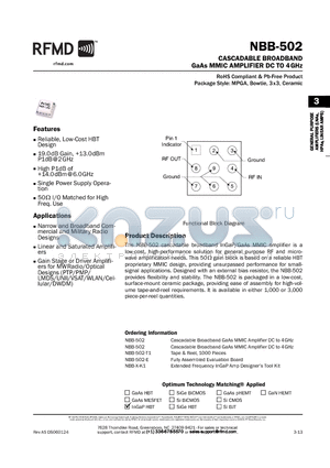 NBB-X-K1 datasheet - CASCADABLE BROADBAND GaAs MMIC AMPLIFIER DC TO 4GHz