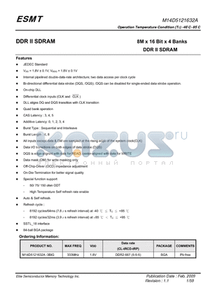 M14D5121632A datasheet - 8M x 16 Bit x 4 Banks DDR II SDRAM