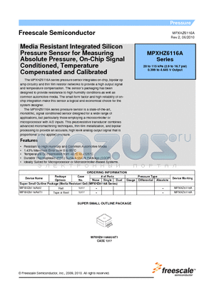 MPXHZ6116A6T1 datasheet - Media Resistant Integrated Silicon Pressure Sensor for Measuring Absolute Pressure, On-Chip Signal Conditioned, Temperature Compensated and Calibrated