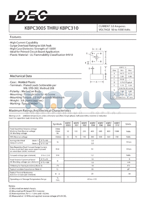 KBPC306 datasheet - CURRENT 3.0 Amperes VOLTAGE 50 to 1000 Volts