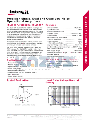 ISL28107FRTZ-T7 datasheet - Precision Single, Dual and Quad Low Noise Operational Amplifiers