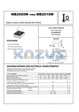 MB2505W datasheet - SINGLE PHASE 25 AMP BRIDGE RECTIFIERS