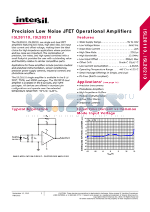 ISL28110 datasheet - Precision Low Noise JFET Operational Amplifiers