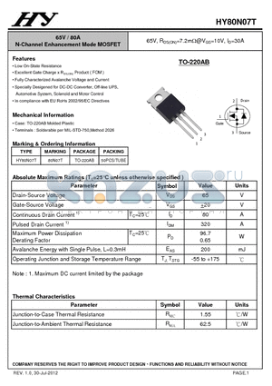 HY80N07T datasheet - 65V / 80A N-Channel Enhancement Mode MOSFET