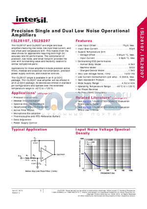 ISL28107FBZ-T13 datasheet - Precision Single and Dual Low Noise Operational Amplifiers