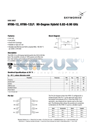HY86-12LF datasheet - 90-Degree Hybrid 0.82-0.90 GHz