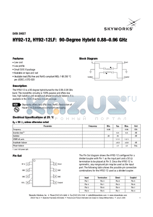 HY92-12 datasheet - 90-Degree Hybrid 0.88-0.96 GHz