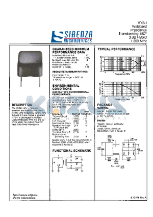 HYB-1 datasheet - Wideband Impedance Transforming 180 3dB Hybrid 1-300 MHz