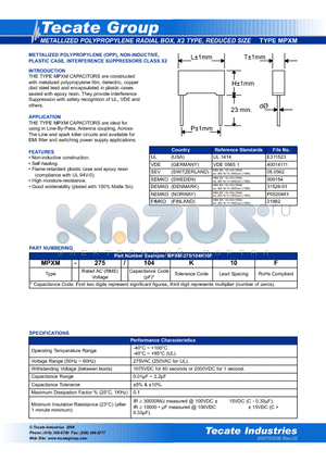 MPXM-275185K10F datasheet - METALLIZED POLYPROPYLENE RADIAL BOX, X2 TYPE, REDUCED SIZE