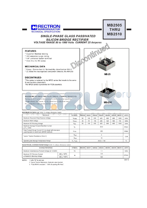 MB2510 datasheet - SINGLE-PHASE GLASS PASSIVATED SILICON BRIDGE RECTIFIER VOLTAGE RANGE 50 to 1000 Volts CURRENT 25 Amperes