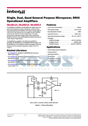 ISL28114FEZ-T7 datasheet - Single, Dual, Quad General Purpose Micropower, RRIO Operational Amplifiers