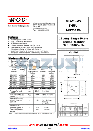 MB2510W datasheet - 25 Amp Single Phase Bridge Rectifier 50 to 1000 Volts