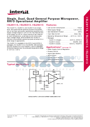 ISL28113FEZ-T7A datasheet - Single, Dual, Quad General Purpose Micropower, RRIO Operational Amplifier