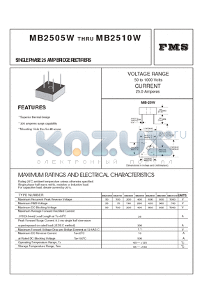 MB2510W datasheet - SINGLE PHASE 25 AMP BRIDGE RECTIFIERS