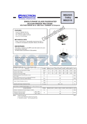 MB254 datasheet - SINGLE-PHASE GLASS PASSIVATED SILICON BRIDGE RECTIFIER VOLTAGE RANGE 50 to 1000 Volts CURRENT 25 Amperes