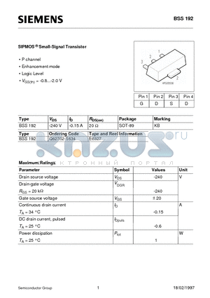 Q62702-S634 datasheet - SIPMOS Small-Signal Transistor (P channel Enhancement mode Logic Level)
