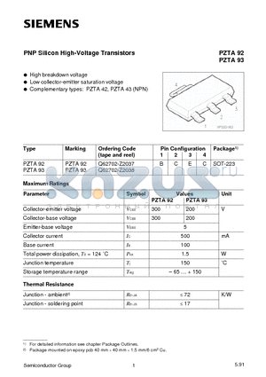Q62702-Z2037 datasheet - PNP Silicon High-Voltage Transistors