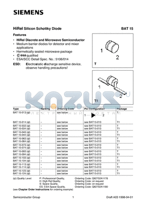 Q62702A1180 datasheet - HiRel Silicon Schottky Diode (HiRel Discrete and Microwave Semiconductor Medium barrier diodes for detector and mixer applications)