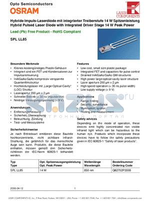 Q62702P3558 datasheet - Hybride Impuls-Laserdiode mit integrierter Treiberstufe 14 W Spitzenleistung