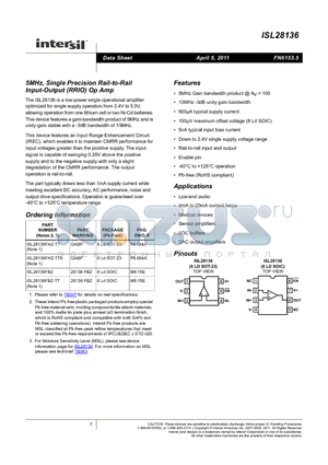 ISL28136FBZ-T7 datasheet - 5MHz, Single Precision Rail-to-Rail Input-Output (RRIO) Op Amp